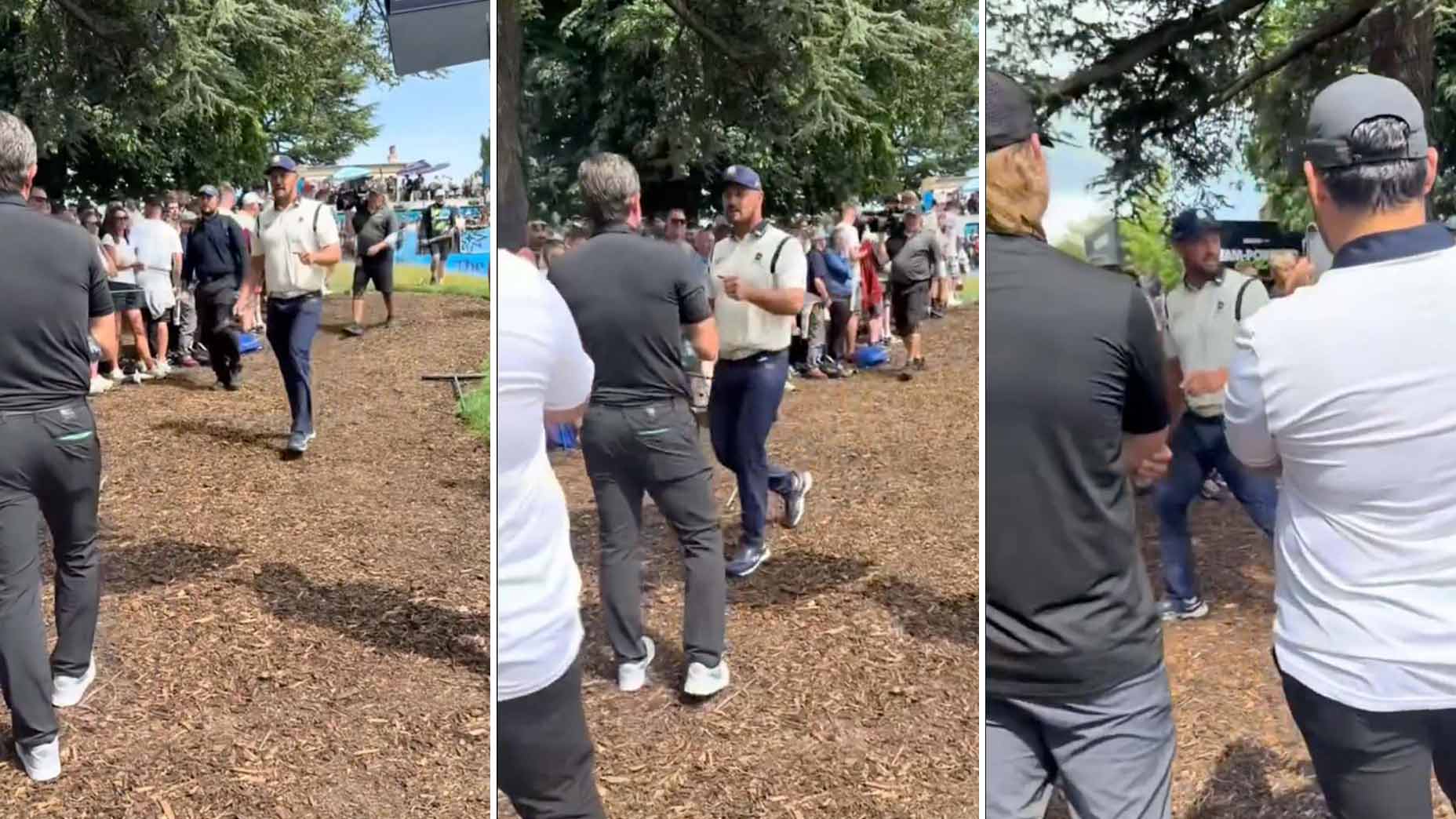 Three images of Bryson DeChambeau complaining about negative comments from fans at the 2025 LIV Golf UK event.