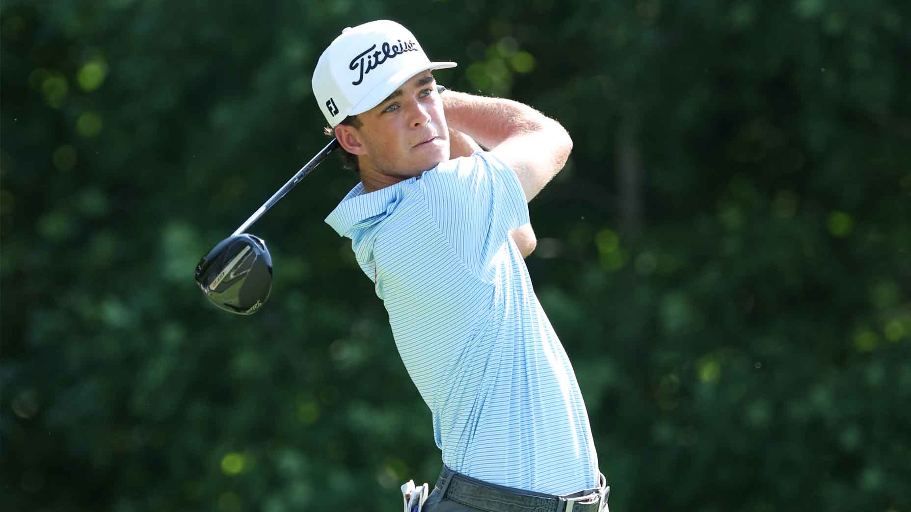 Jackson Koivun hits a tee shot during the 2025 John Deere Classic