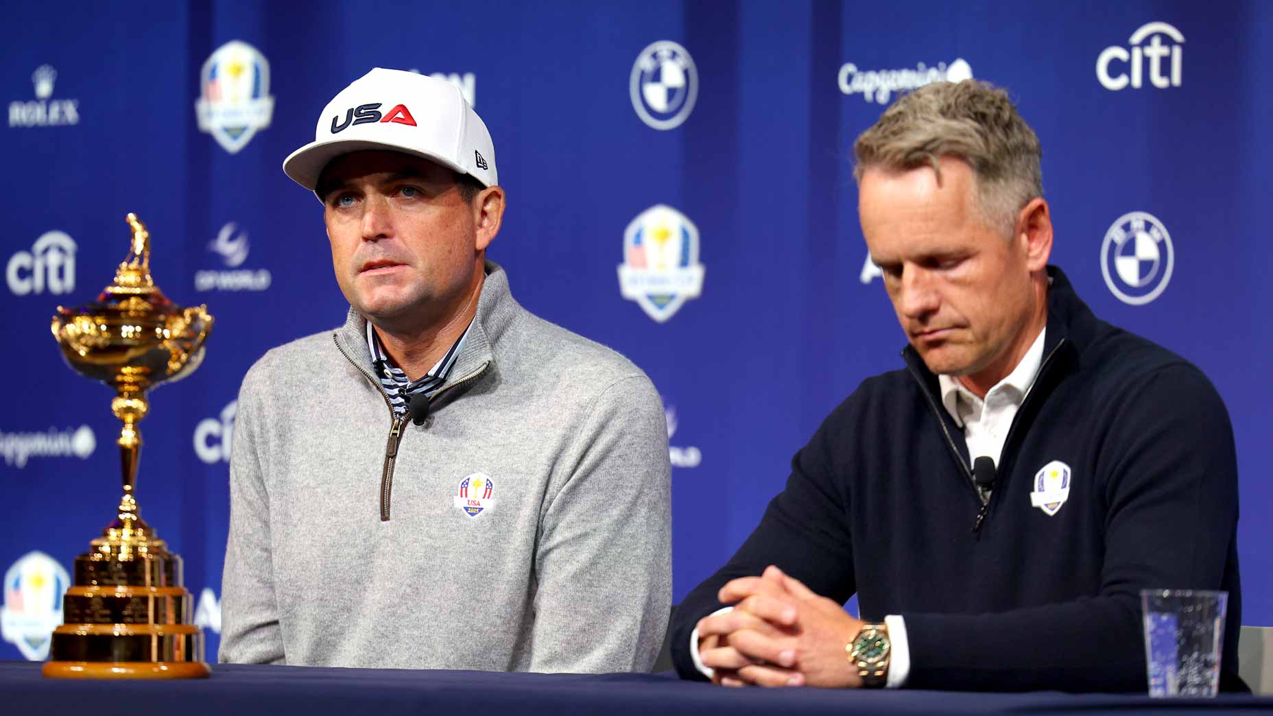 Ryder Cup captains Keegan Bradley and Luke Donald speak at a press conference during the Ryder Cup Media Event at The Times Center.