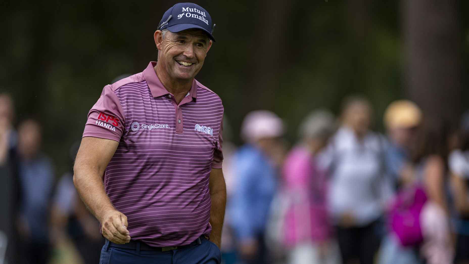 padraig harrington smiles during the isps handa senior open