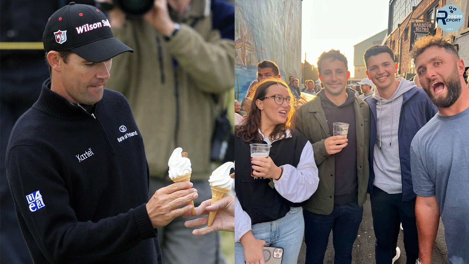 Padraig Harrington eating ice cream, Jon Rahm hopping in a photo.