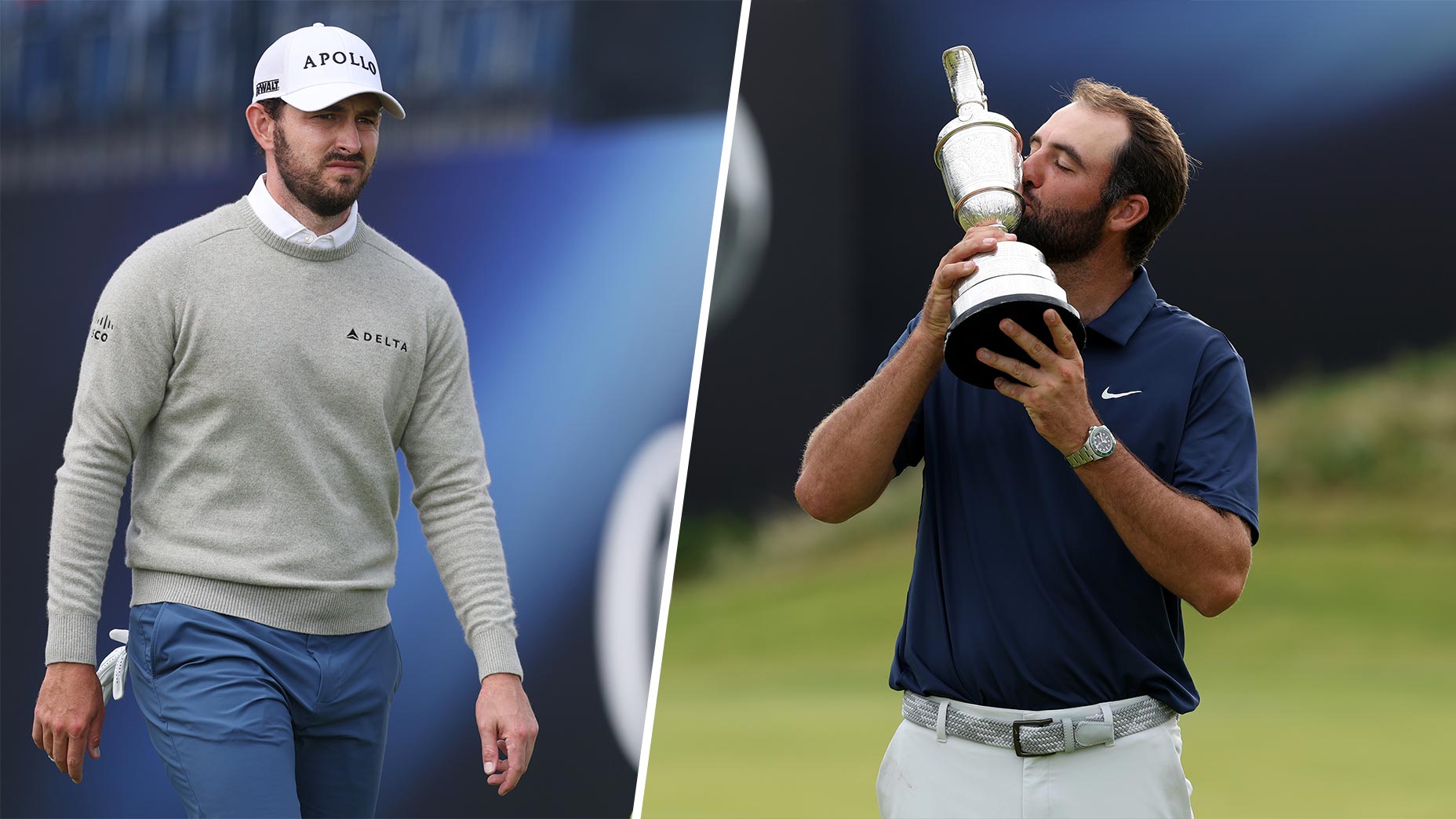 patrick cantlay grimaces while scottie scheffler kisses the claret jug at the open