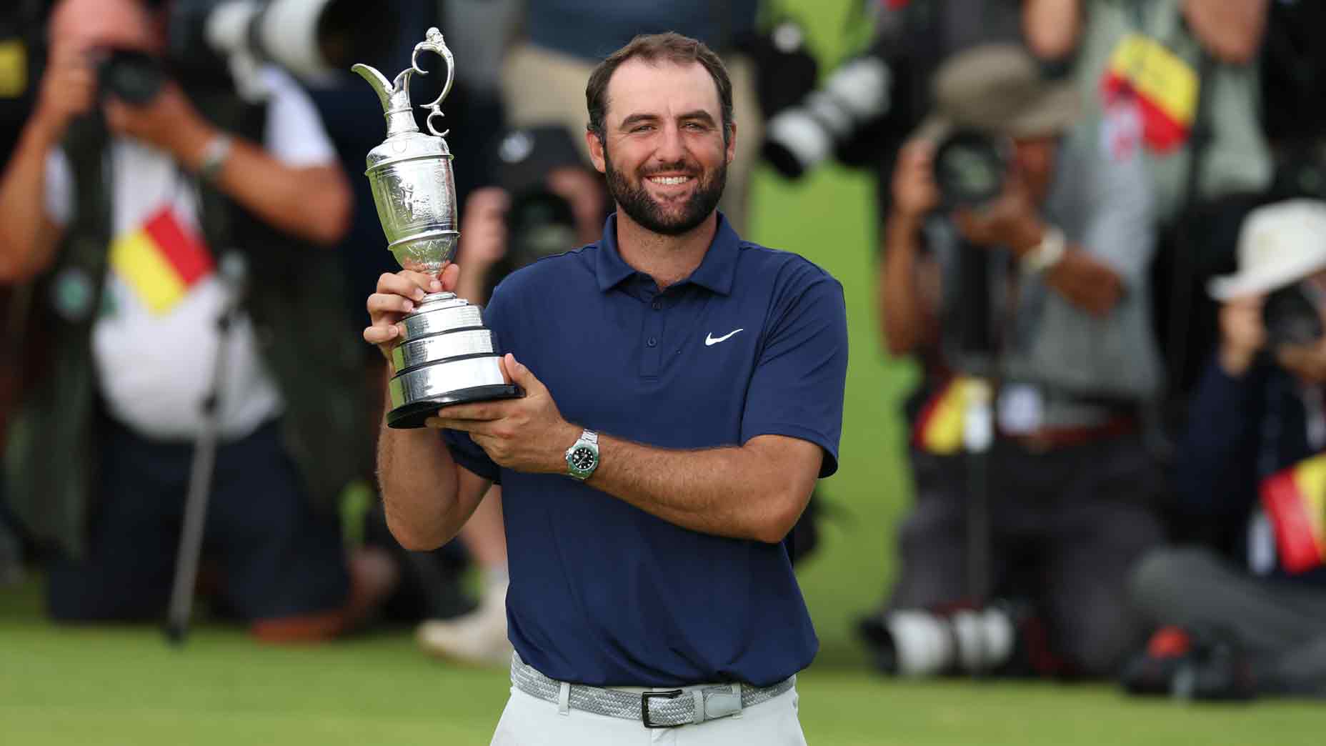 Scottie Scheffler of the United States poses with the Claret Jug following his victory on day four of The 153rd Open Championship at Royal Portrush Golf Club on July 20, 2025 in Portrush, Northern Ireland.