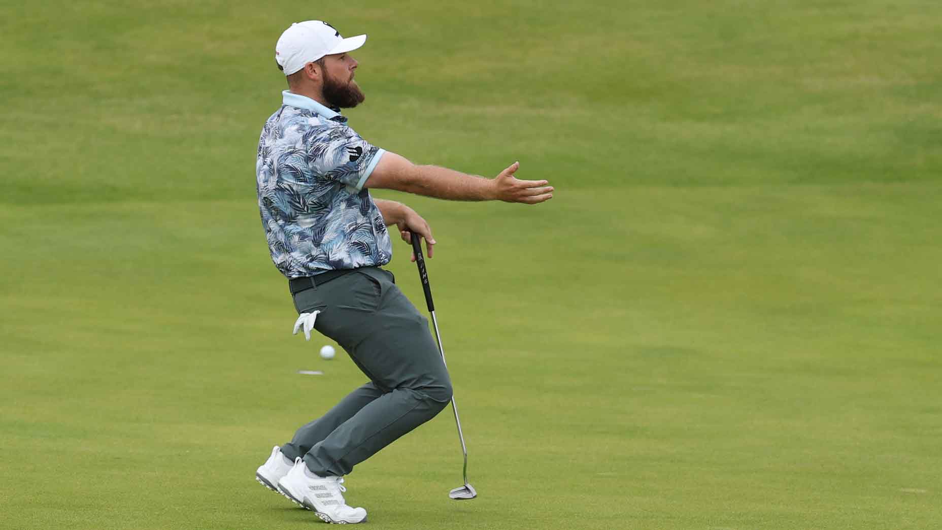 Tyrrell Hatton reacts after missing a putt at the Open Championship