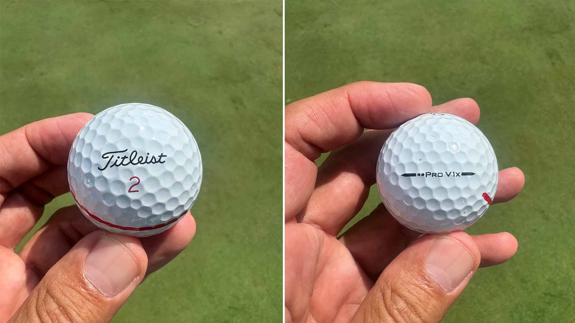 Bryson DeChambeau's Pro V1x Double Dot golf ball.