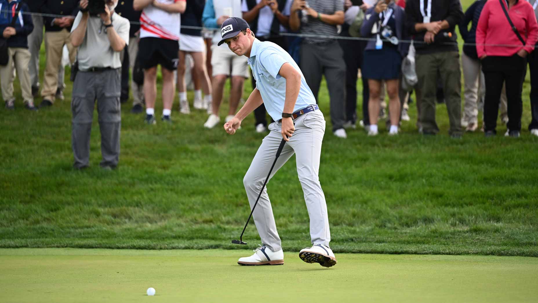 Amateur Mason Howell of the United States reacts after making a putt on the 11th hole of a 36-hole final round during the championship match of the U.S. Amateur at The Olympic Club on August 17, 2025 in San Francisco, California.