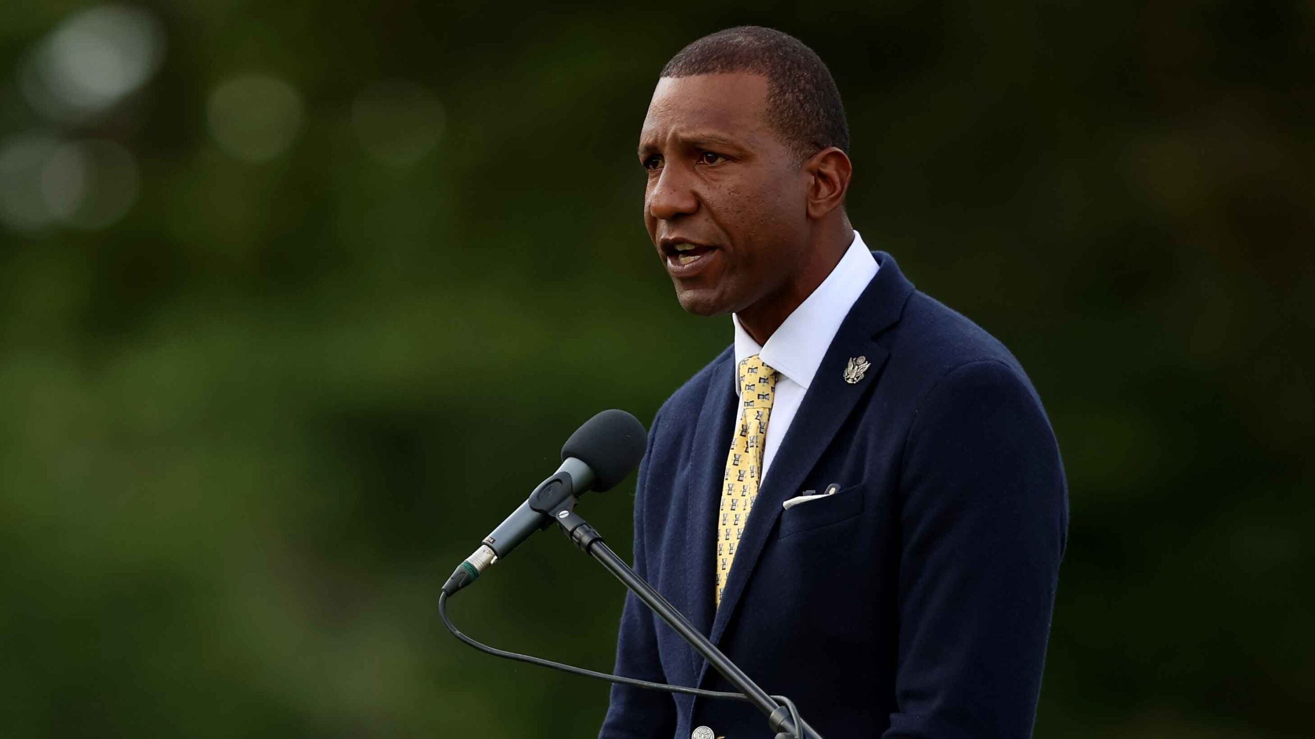 resident of the USGA, Fred Perpall speaks during the opening ceremony prior to the Curtis Cup at Sunningdale Golf Club