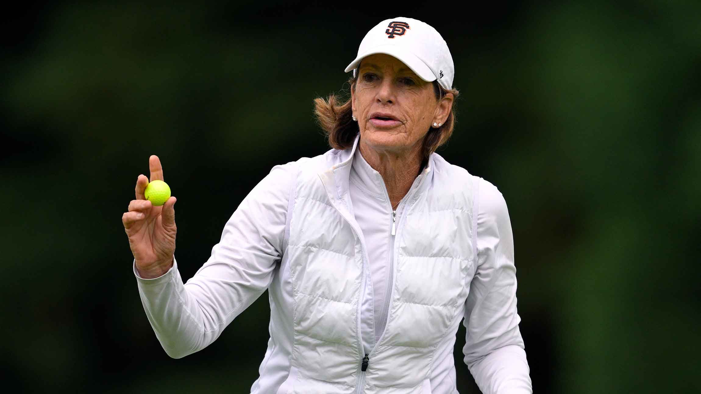 Juli Inkster of the United States acknowledges the crowd after a putt on the first green during the second round of The Standard Portland Classic 2025