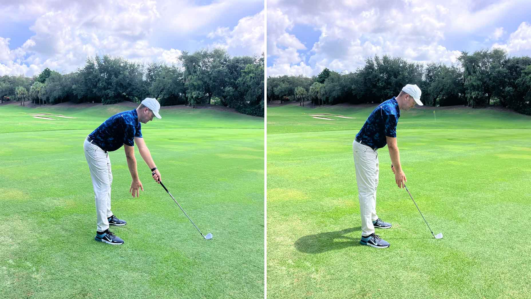 mark durland demonstrates how to test if you're standing the correct distance from the golf ball