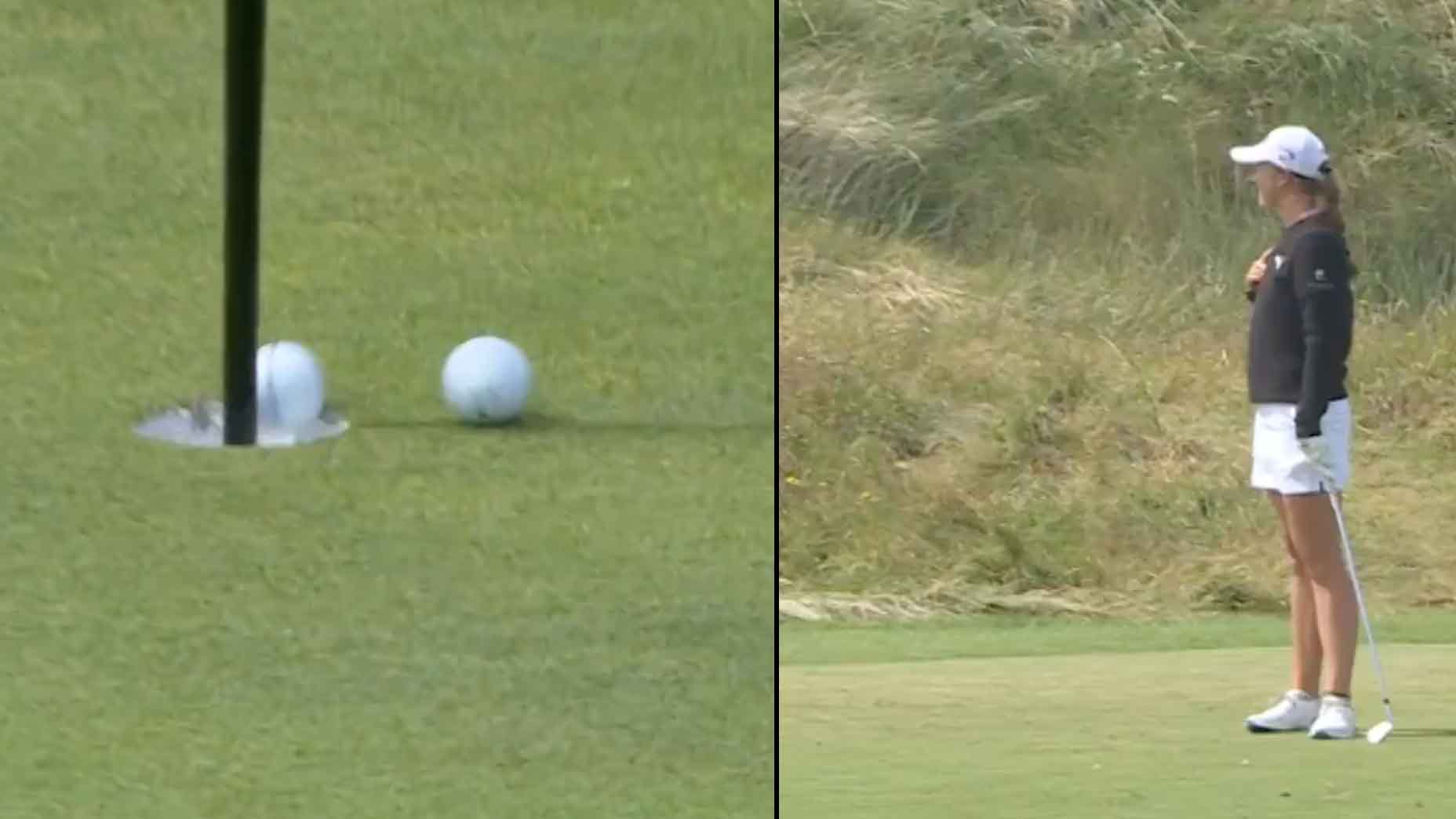 Mimi Rhodes reacts to her hole in one at the AIG Women's Open