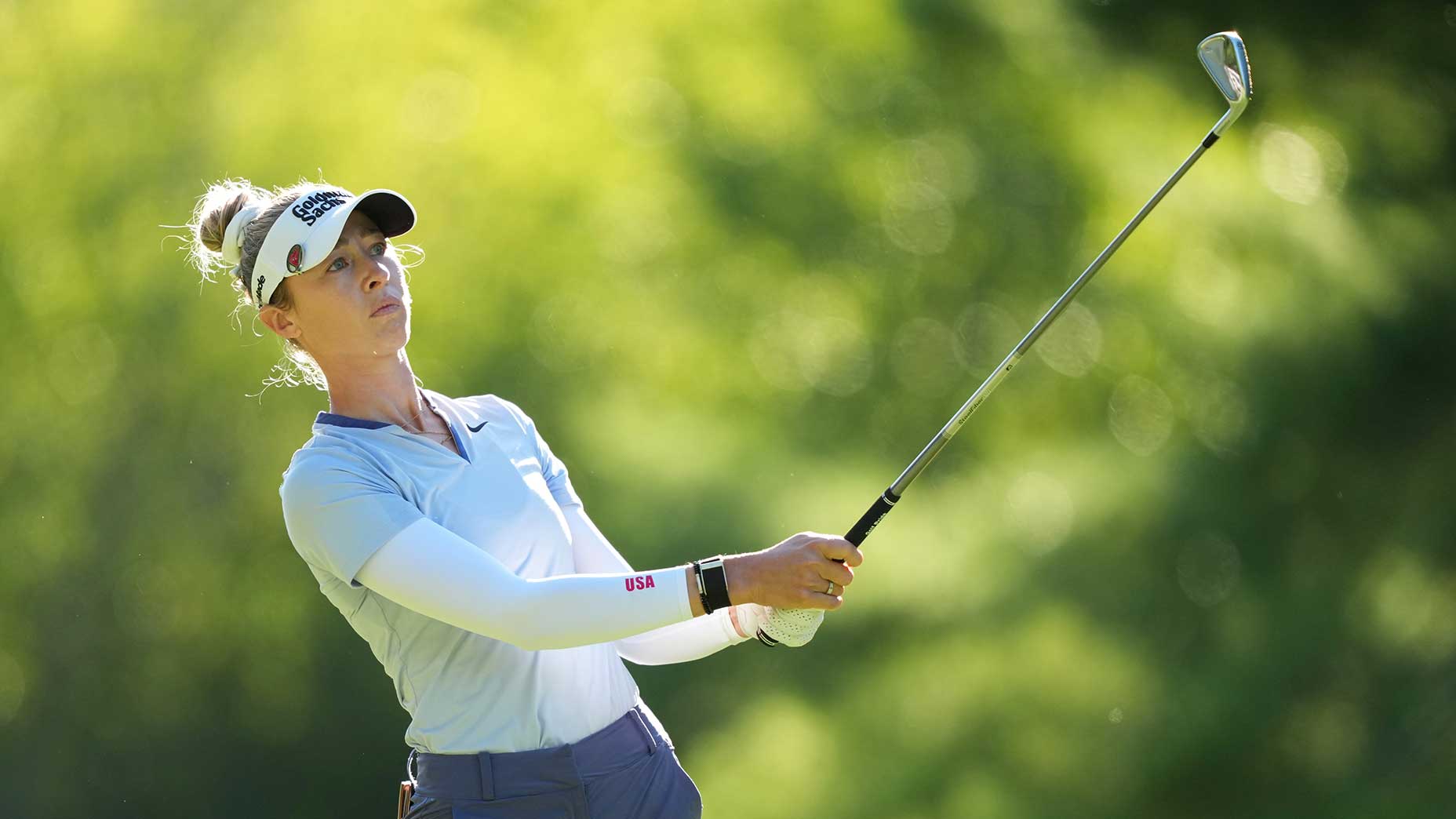 Nelly Korda watches a shot during the first round of the FM Championship on Thursday at TPC Boston.