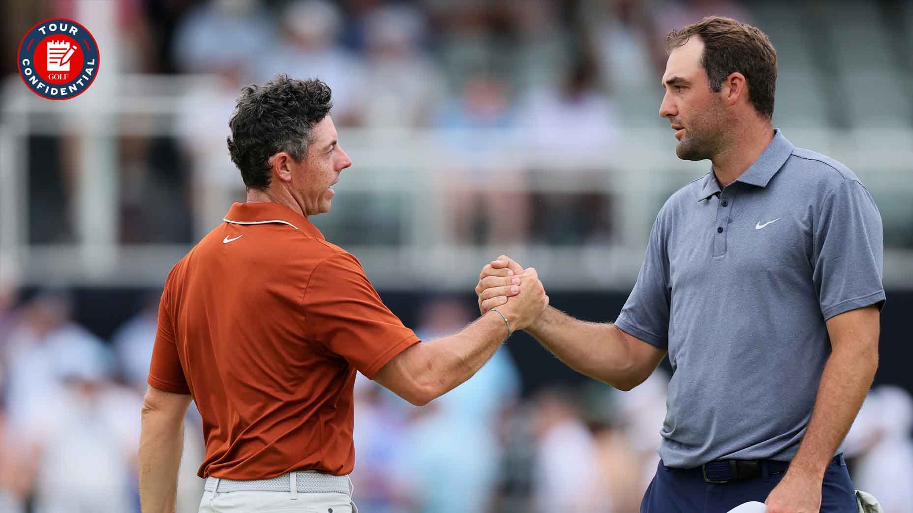 Rory McIlroy and Scottie Scheffler shake hands at the 2025 PGA Championship