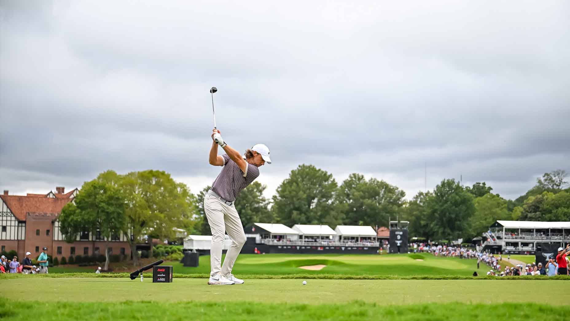 Tommy Fleetwood tees off during the Tour Championship