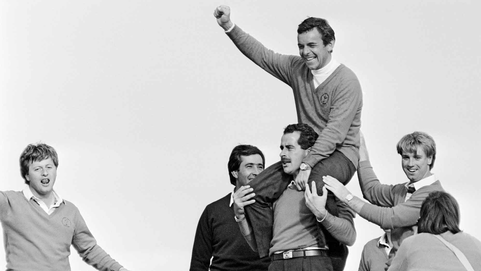 Tony Jacklin riding high as the winning captain in 1985. Along with Spain&rsquo;s Seve Ballesteros (far left), he drove Europe&rsquo;s revival in the Ryder Cup. That&rsquo;s Scotsman Sam Torrance carrying Jacklin and England&rsquo;s Paul Way at right.