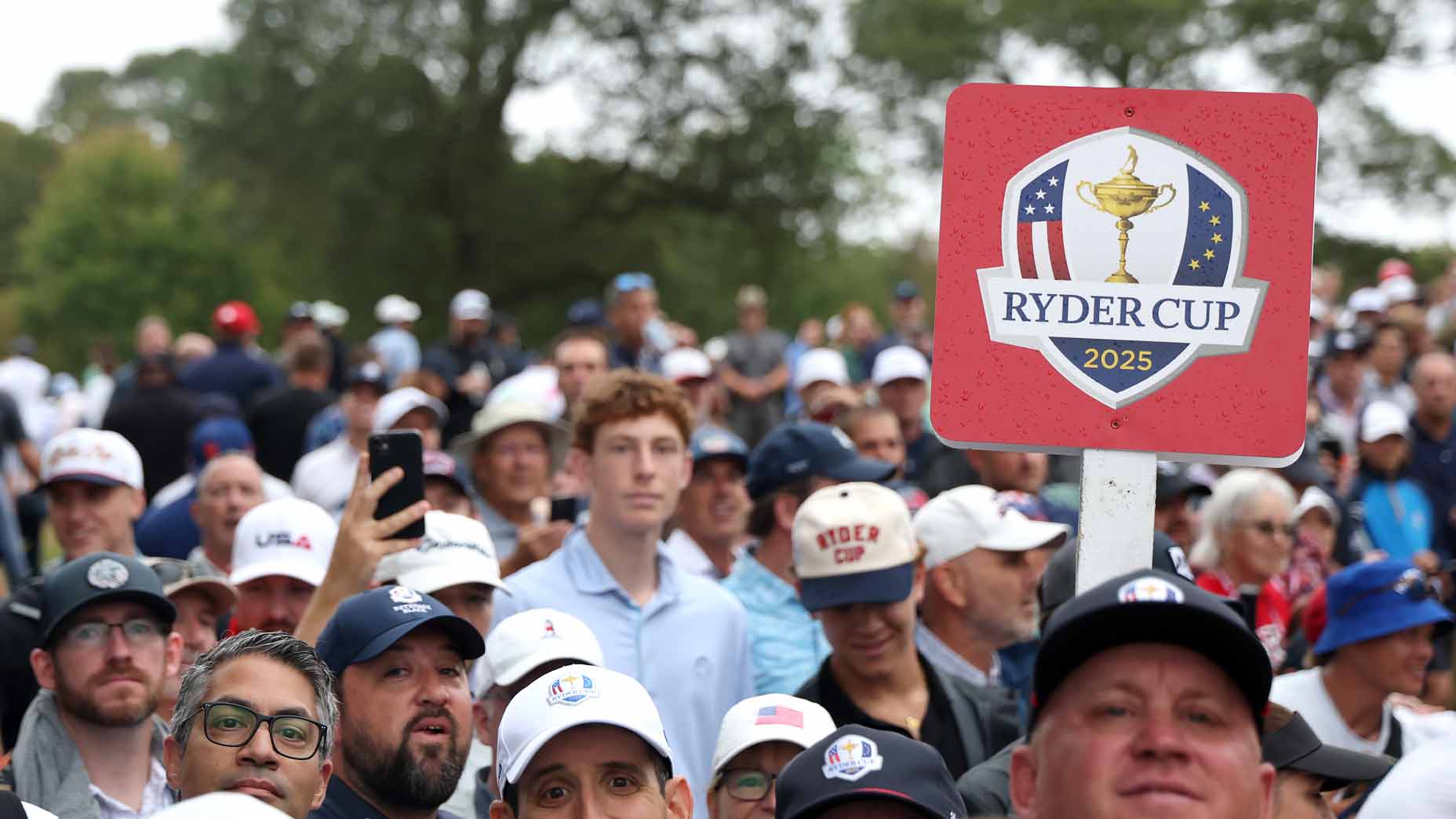 2025 Ryder Cup on Sunday TV coverage: Ryder Cup signage and fans pictured at Bethpage Black.