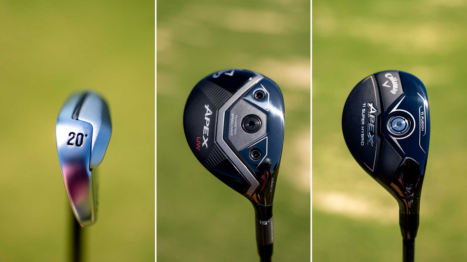 Three images of Callaway's Apex 2025 utility clubs.