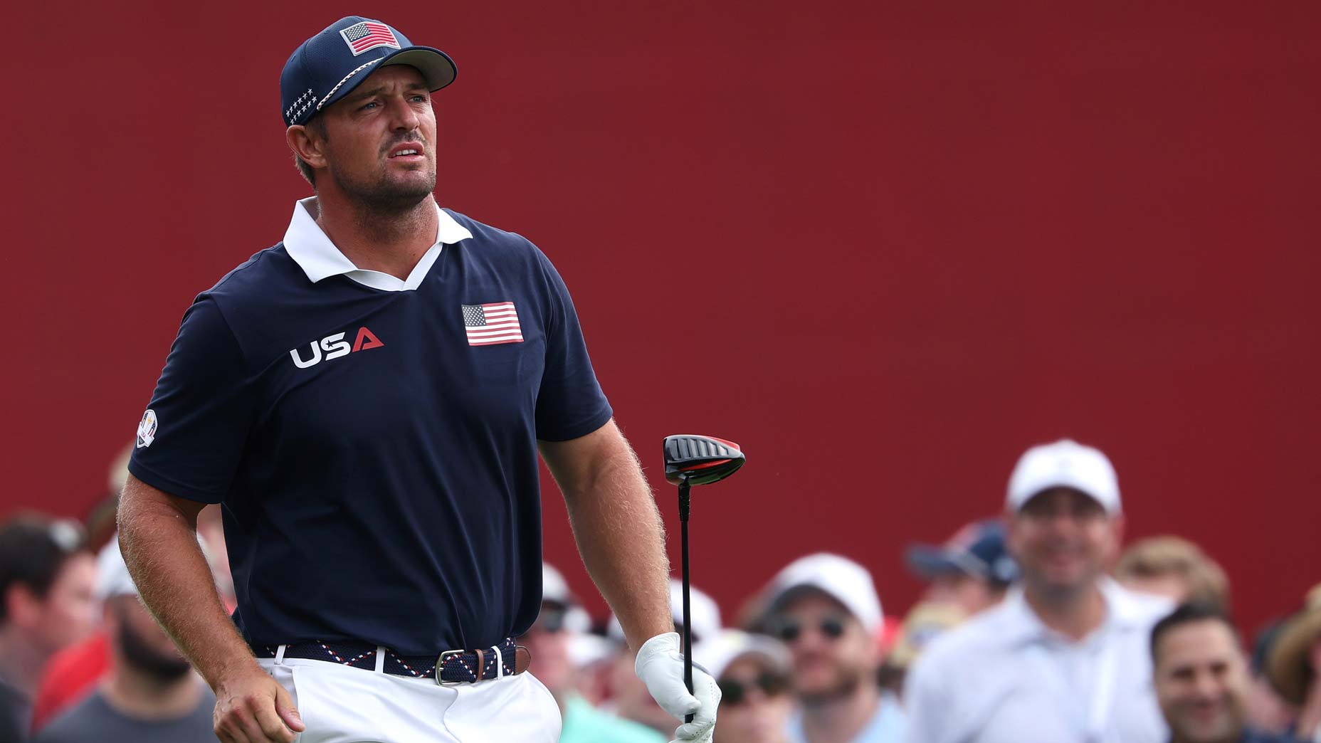 Bryson DeChambeau of Team United States looks on while playing the 15th hole during the Saturday afternoon four-balls matches of the 2025 Ryder Cup at Black Course at Bethpage State Park Golf Course on September 27, 2025 in Farmingdale, New York.