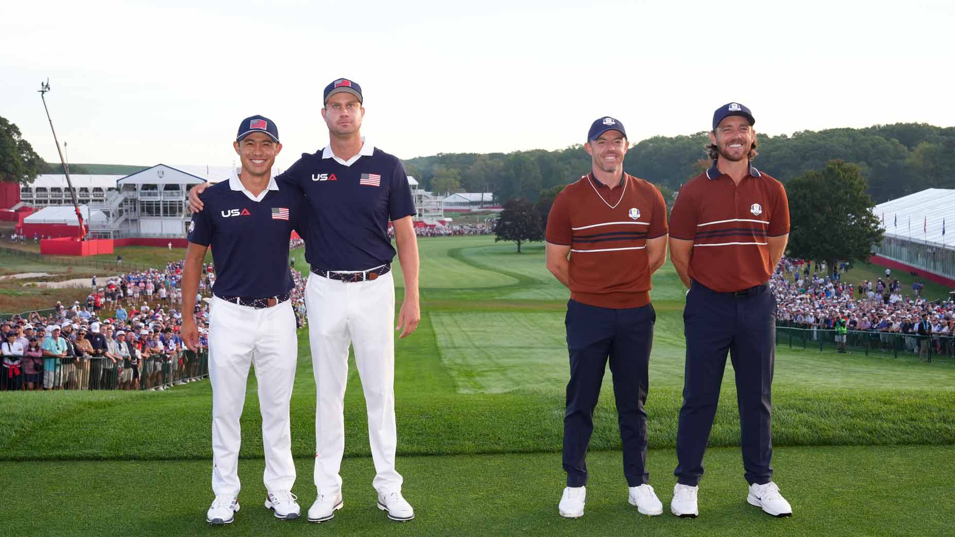 Collin Morikawa and Harris English of Team United States pose with Rory McIlroy and Tommy Fleetwood of Team Europe on the first hole tee box during the 2025 Ryder Cup on the Black Course at Bethpage State Park on Saturday, September 27, 2025 in Farmingdale, New York.