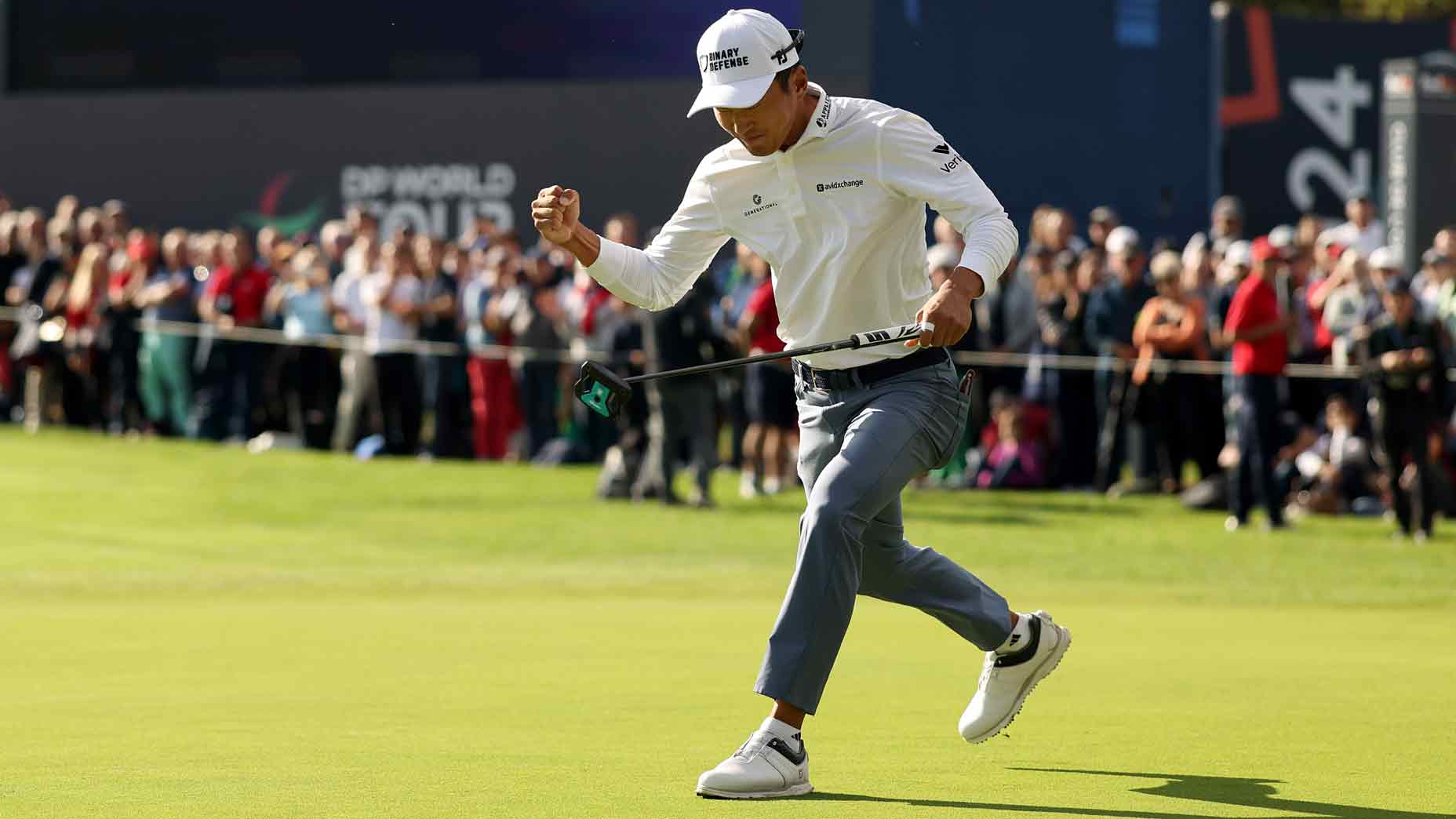 Michael Kim of the United States celebrates holing a par putt on the 18th green to set the clubhouse lead on day four of the FedEx Open de France 2025 at Golf de Saint-Nom-la-Breteche on September 21, 2025 in Paris, France.