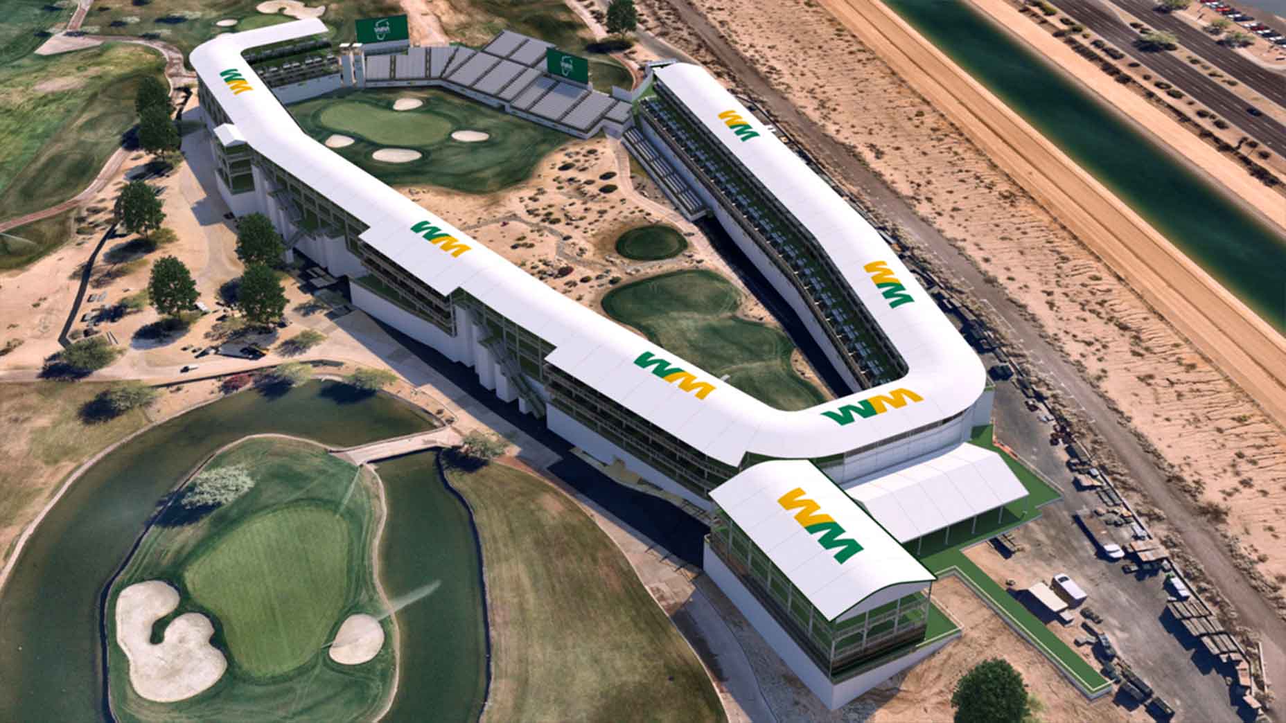 An aerial rendering of the new 16th hole hospitality suites at TPC Scottsdale.