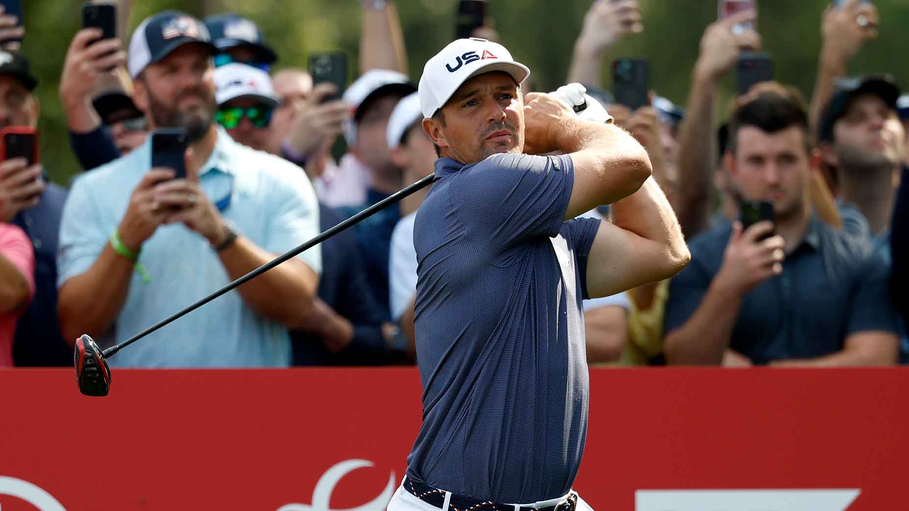 Bryson DeChambeau hits drive on Tuesday during 2025 Ryder Cup at Bethpage Black.