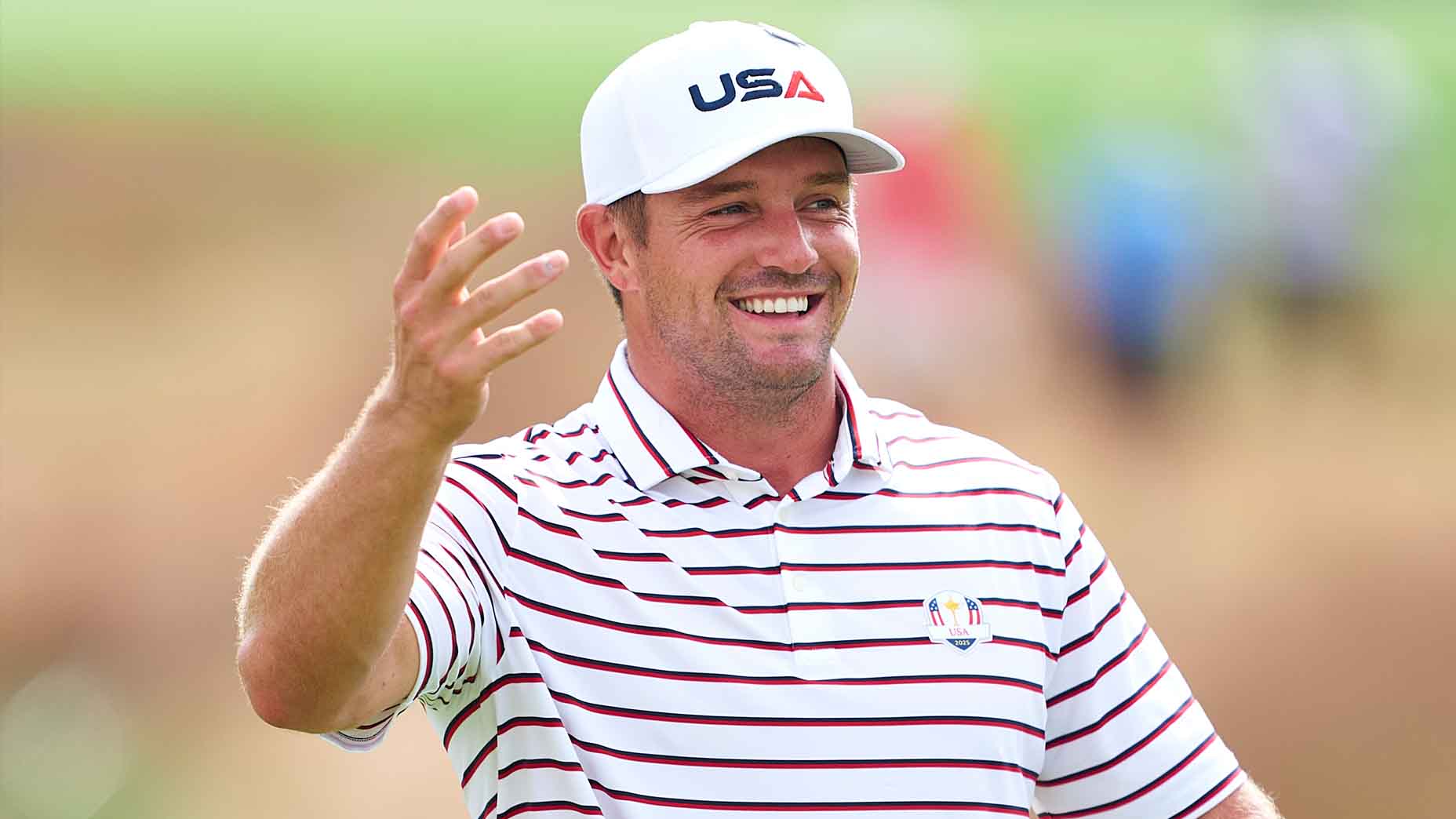 Bryson DeChambeau reacts to a shot during a practice round at Bethpage Black