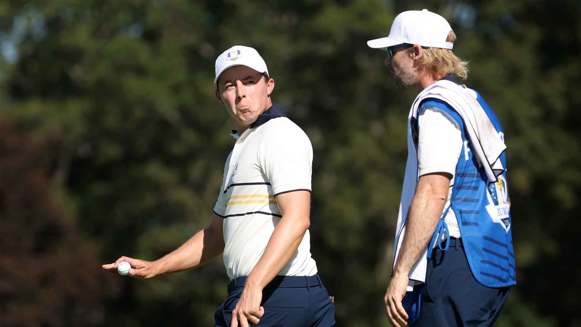 Matt Fitzpatrick gestures at the crowd during Sunday singles at the 2025 Ryder Cup