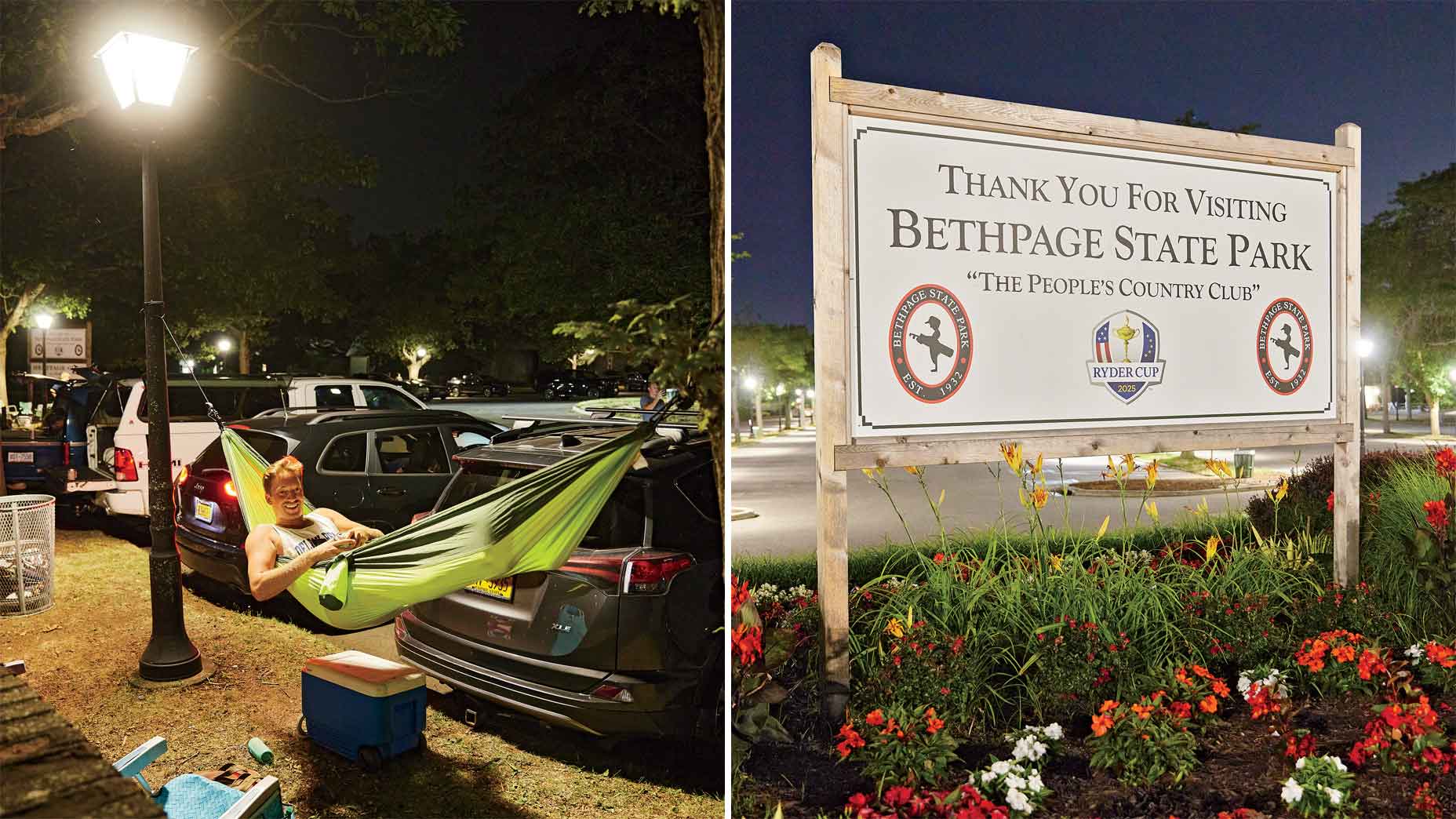 golfer sleeps in a hammock / bethpage state park sign in front of dark parking lot
