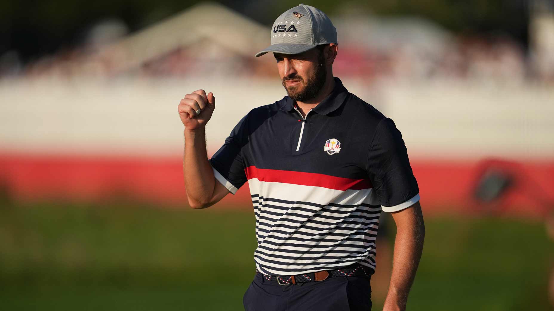 U.S. Ryder Cup pro Patrick Cantlay fist pumps on Friday at Bethpage Black. He was criticized by Nick Faldo.