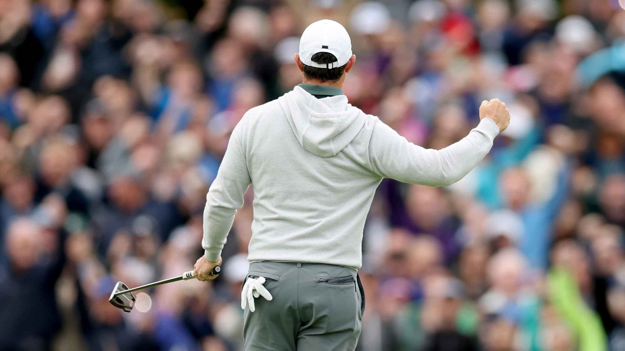 Rory McIlroy celebrates an eagle at the Irish Open