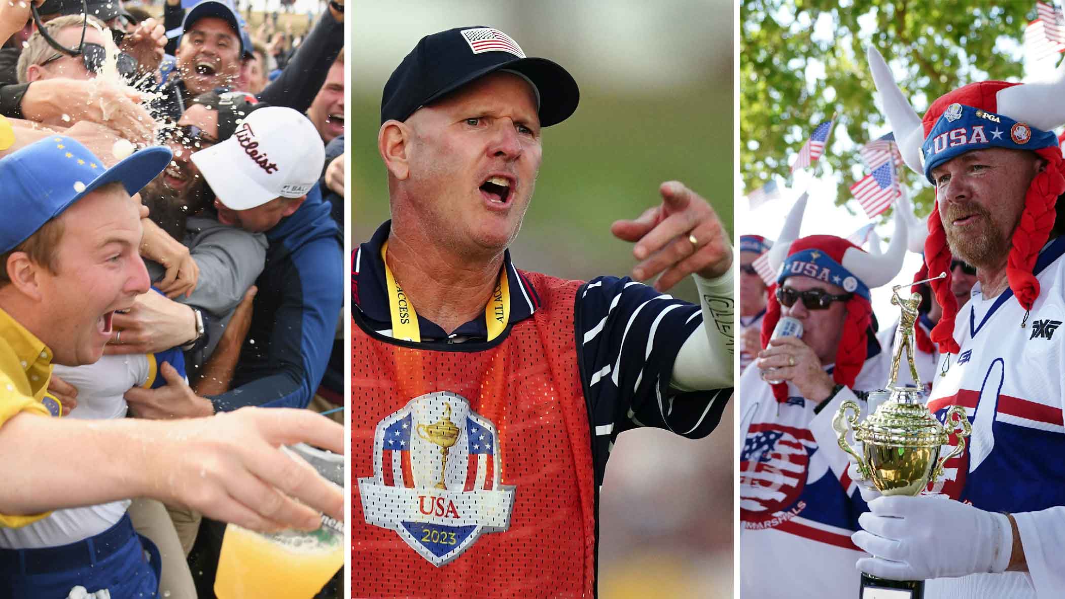 ryder cup fans from over the years, plus caddie joe lacava