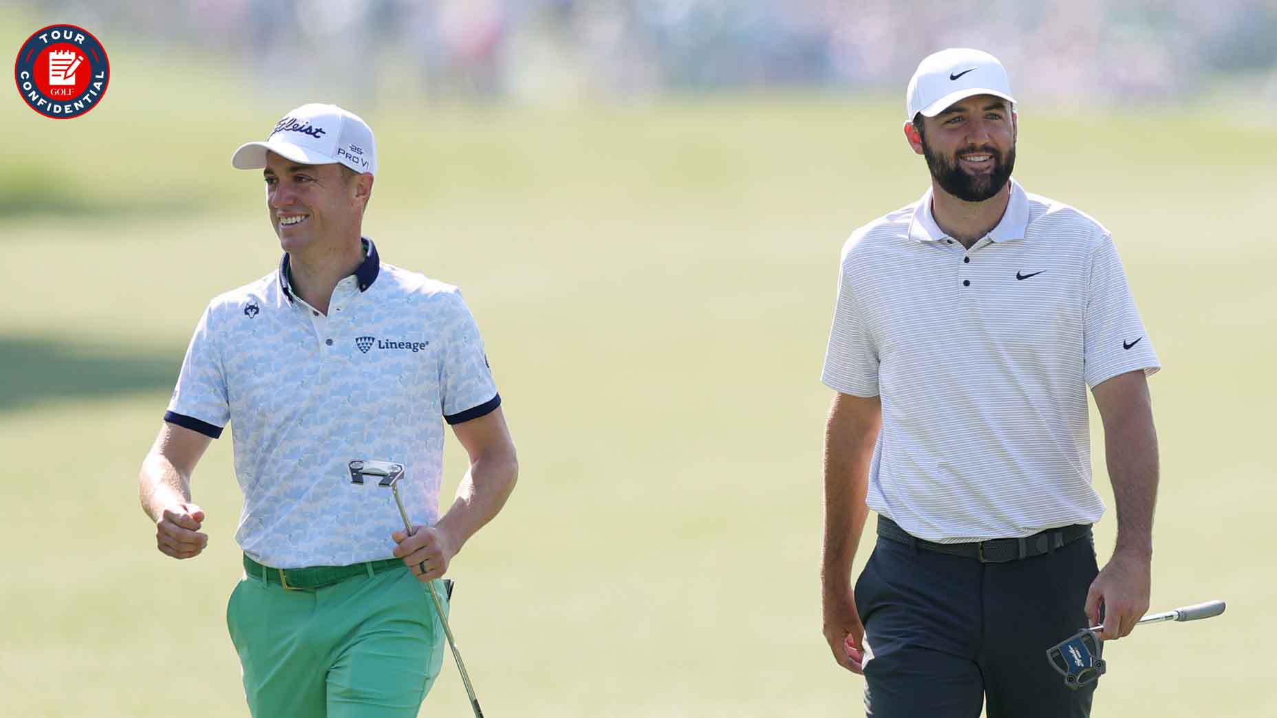 Scottie Scheffler and Justin Thomas smile during the 2025 Masters
