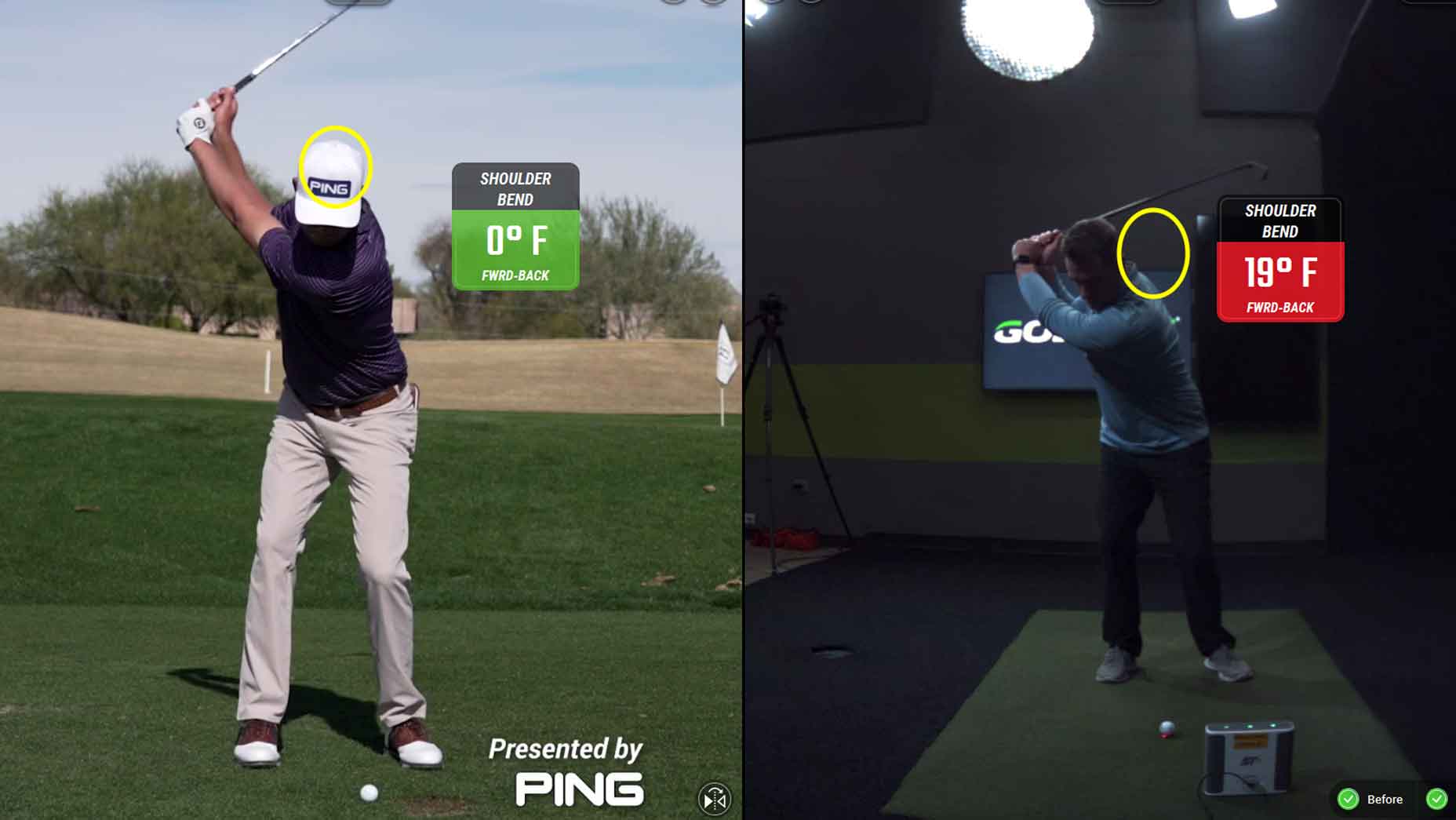 pro golfer demonstrates proper shoulder bend while student demonstrates incorrect shoulder bend
