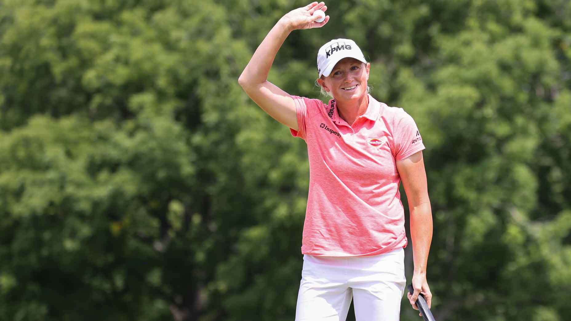 Stacy Lewis waves to fans after putting out on the 18th green during the final round of the LPGA Dana Open on July 21, 2024 at Highland Meadows Golf Club in Sylvania, Ohio.