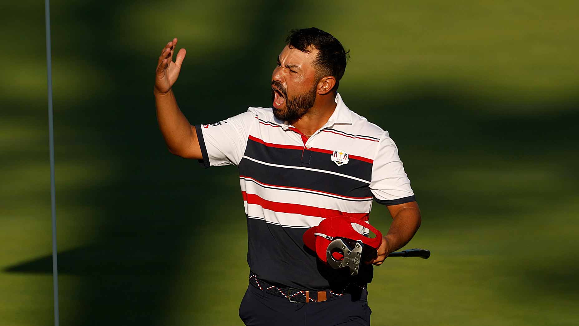 J.J. Spaun celebrates after winning match at 2025 Ryder Cup at Bethpage Black.