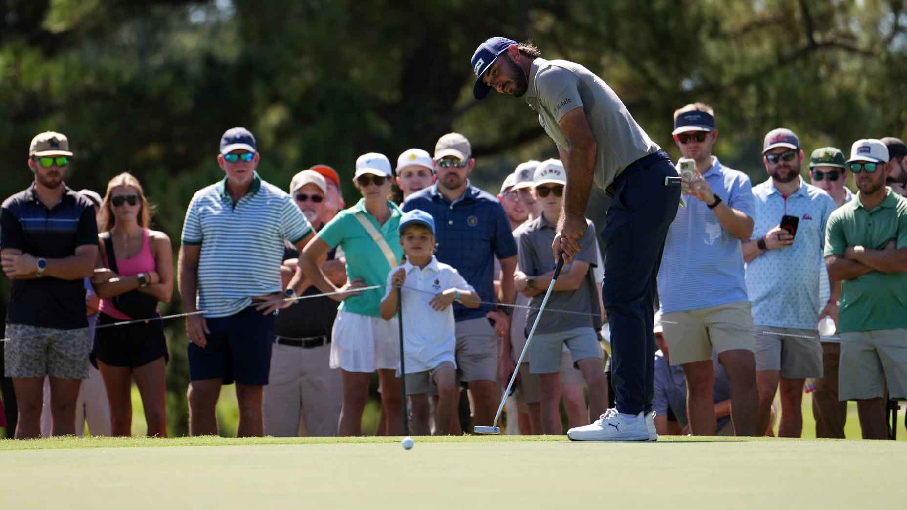 Max Homa of the United States putts on the 17th green during the third round of the Sanderson Farms Championship 2025 at The Country Club of Jackson on October 04, 2025 in Jackson, Mississippi.