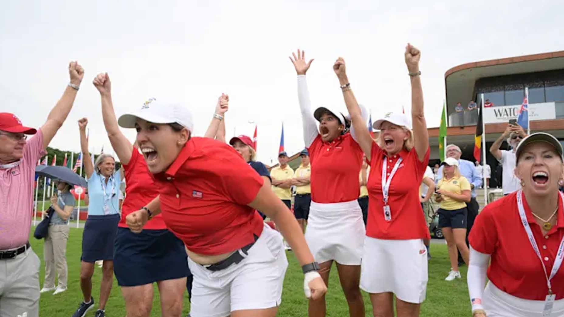 Megha Ganne, Farah O'Keefe, captain Kendra Graham and manager Mary Kate Lynch celebrate the United States' win at the Women's World Amateur Team Championship