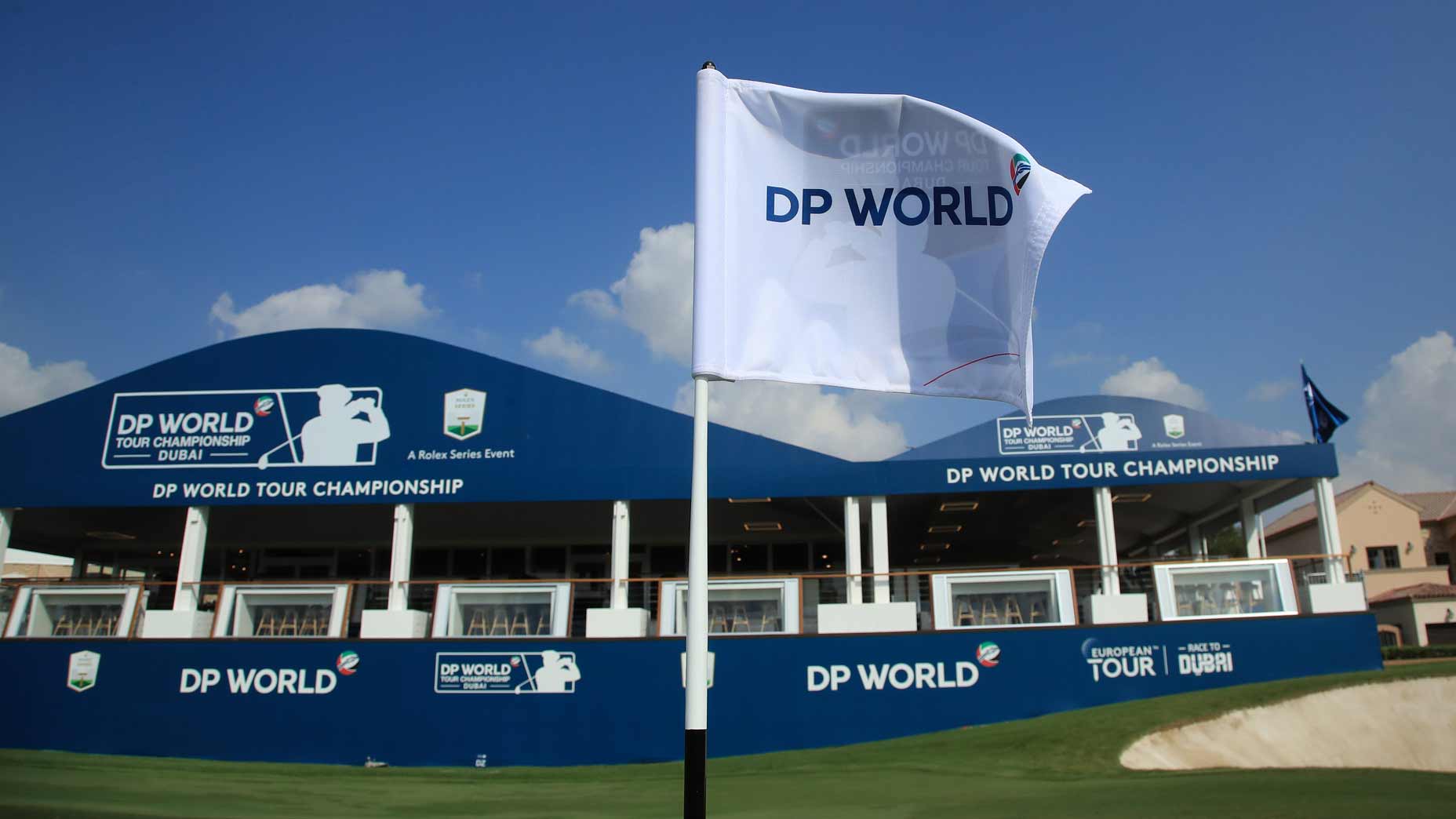 2025 DP World Tour Championship flag at Jumeirah Golf Estates.