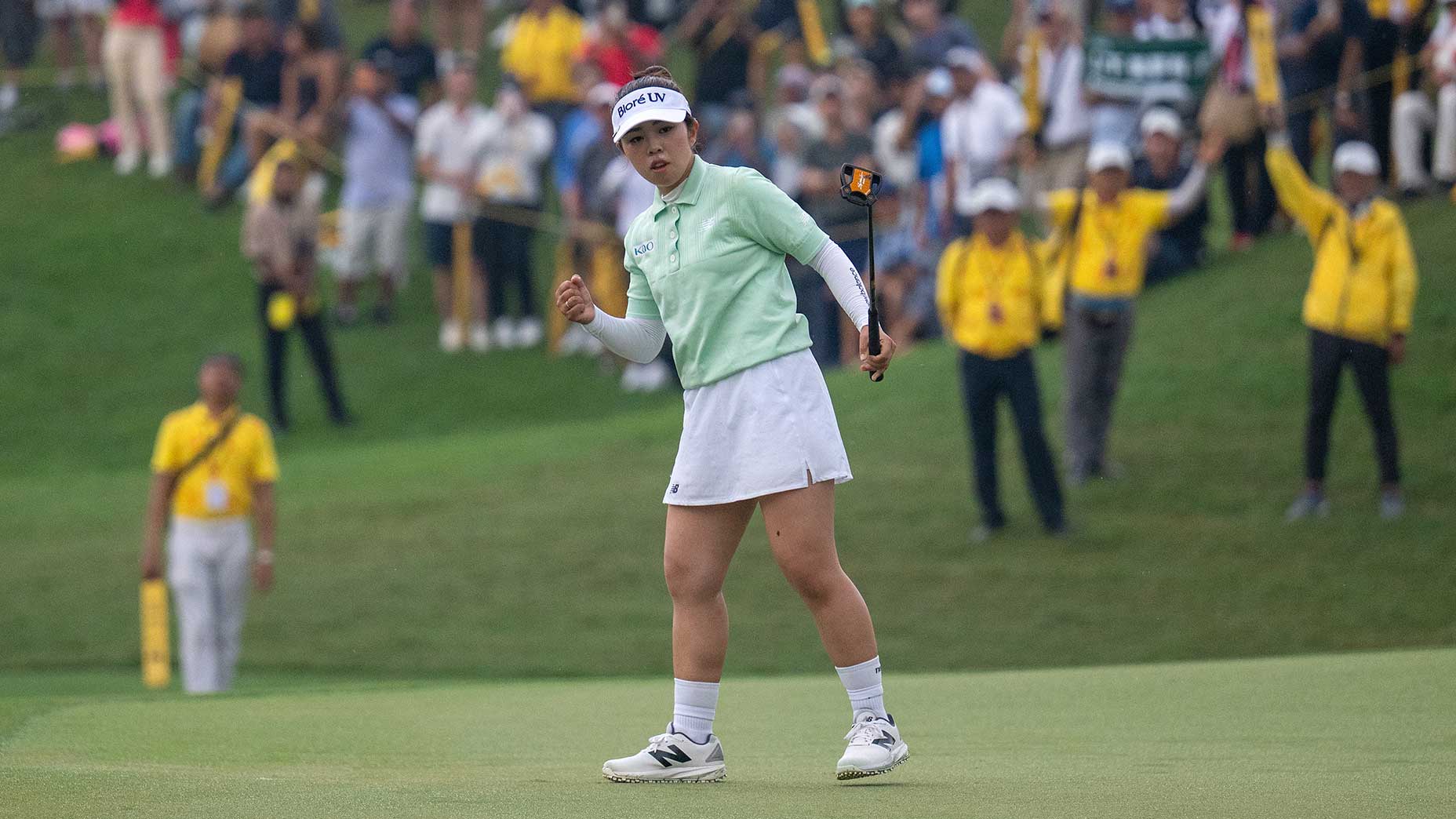 Miyu Yamashita celebrates a birdie on the first playoff hole of the 2025 Maybank Championship on Sunday in Malaysia.