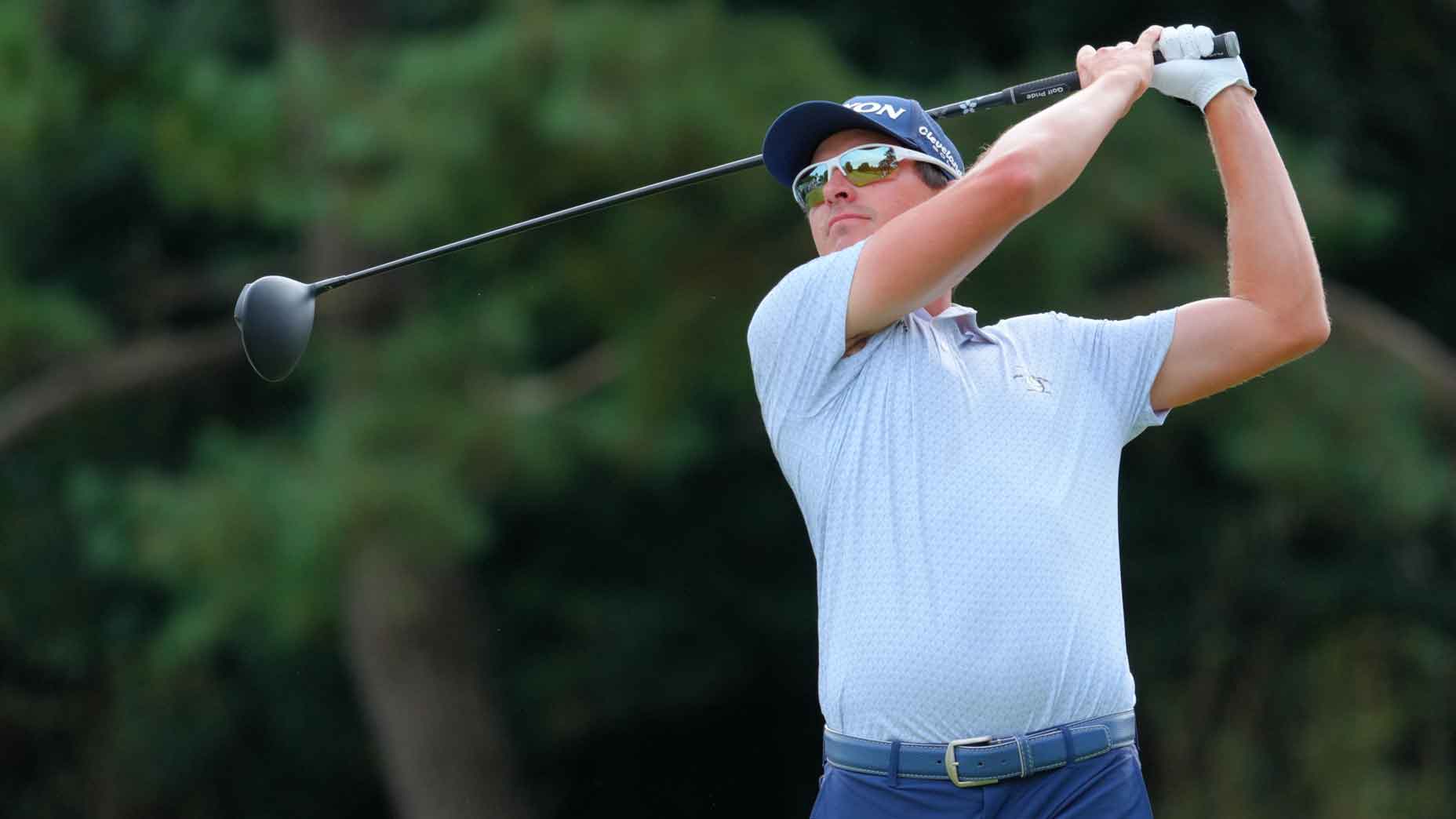 Nico Echavarria of Colombia hits his tee shot on the 5th hole during the final round of the Baycurrent Classic Presented by LEXUS at Yokohama Country Club on October 12, 2025 in Yokohama, Kanagawa, Japan. (Photo by Yoshimasa Nakano/Getty Images)