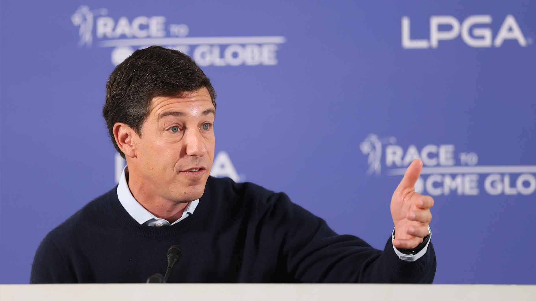 LPGA commissioner Craig Kessler addresses the media at the CME Group Tour Championship