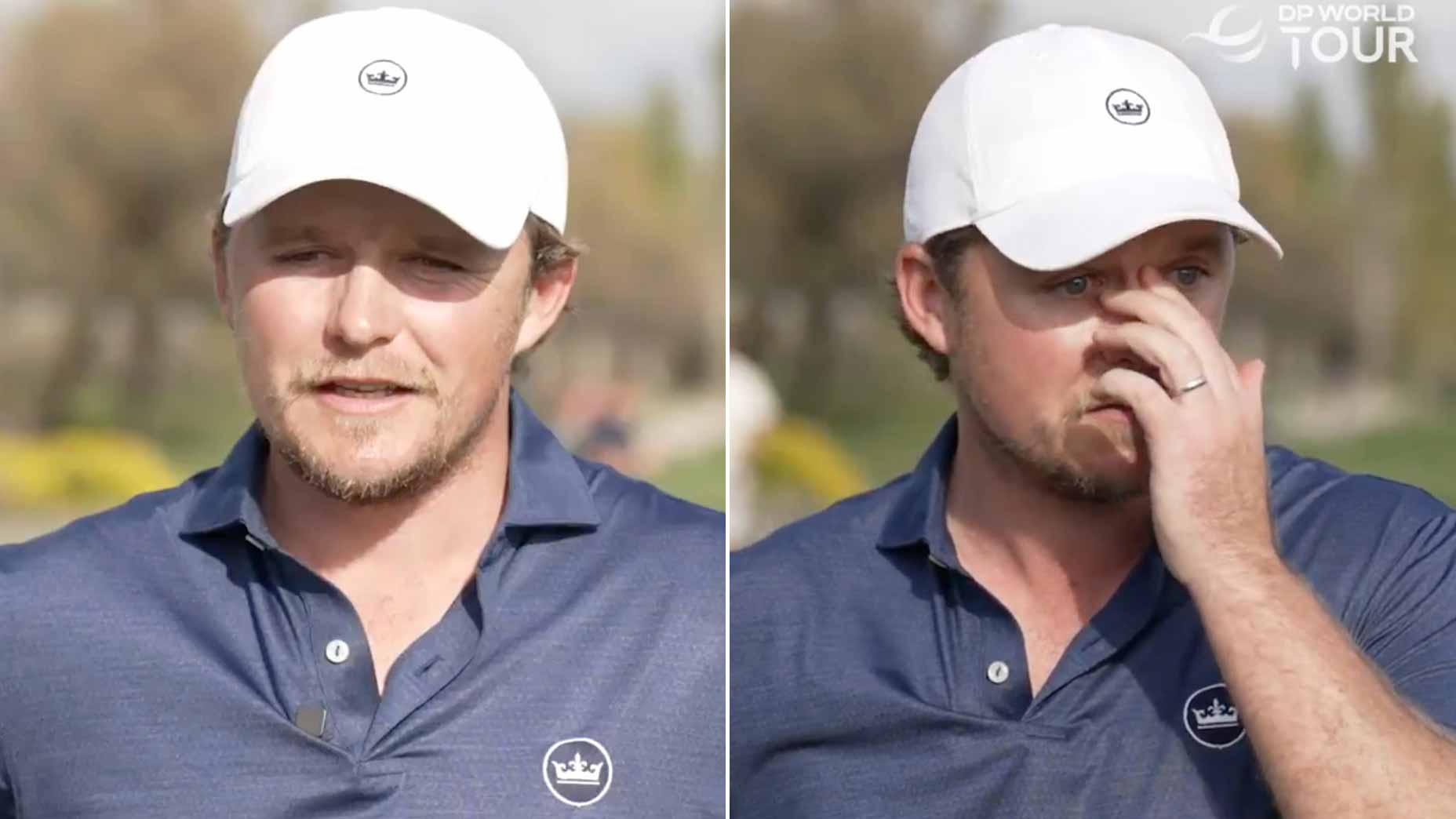 Two images of pro golfer Eddie Pepperell after earning his DP World Tour card at Q-School.
