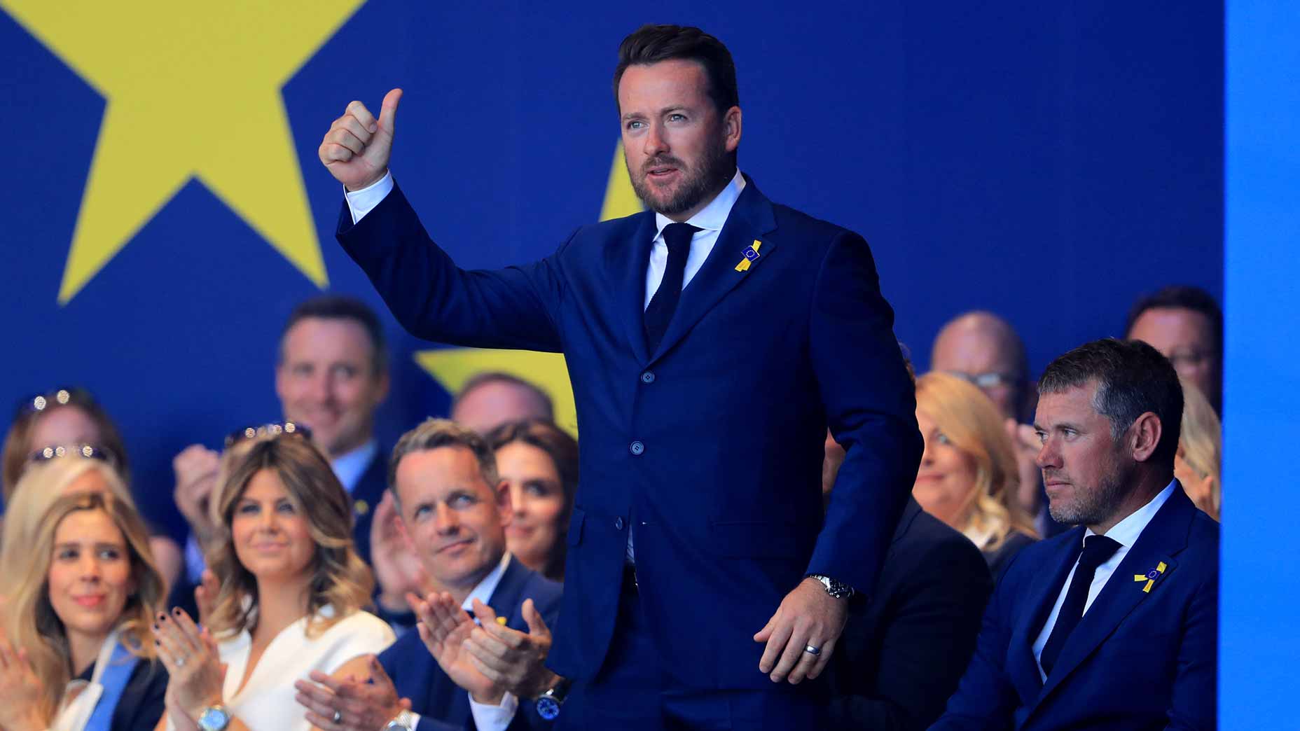 LIV pro Graeme McDowell waves to crowd as European Ryder Cup vice captain in 2018.