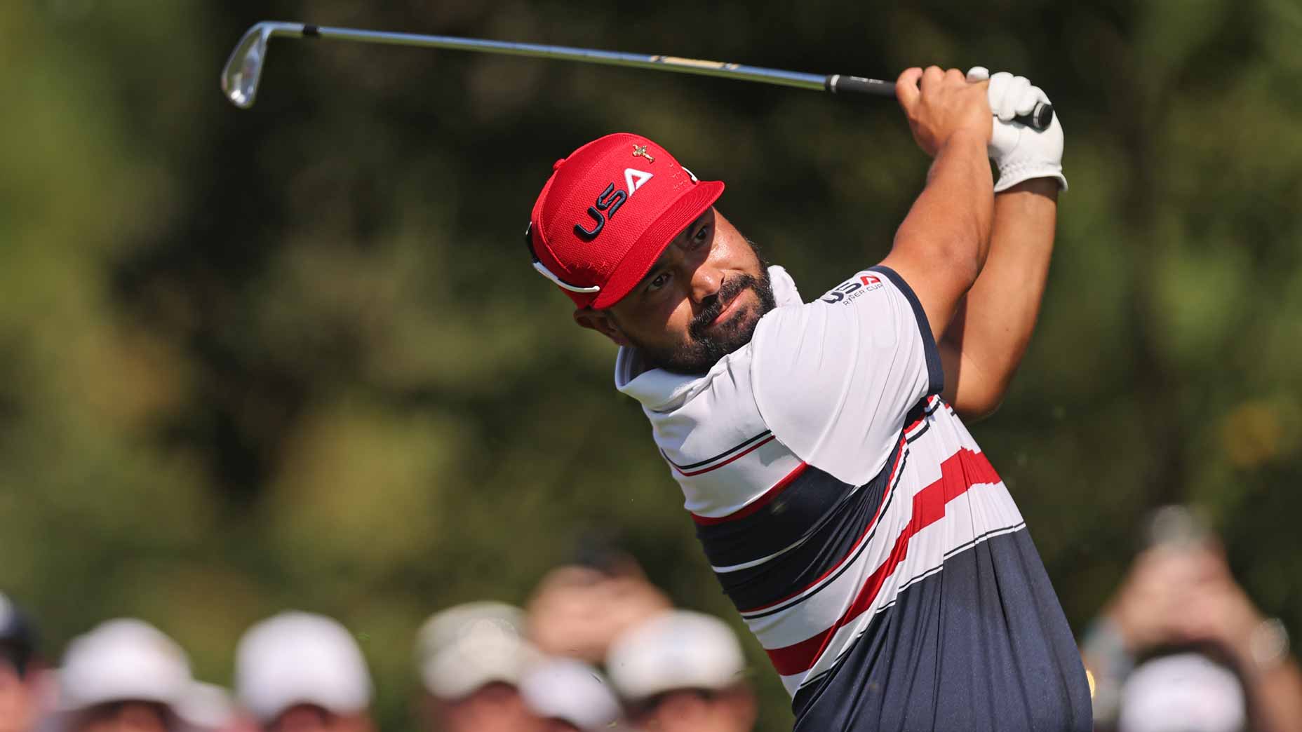 2025 World Wide Technology Championship Thursday tee times: J.J. Spaun plays his shot during the 2025 Ryder Cup.