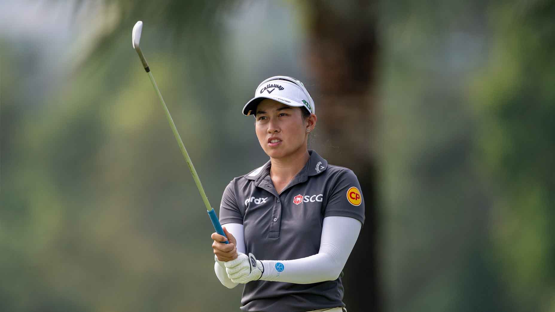 Jeeno Thitikul prepares to hit a shot at the Maybank Championship