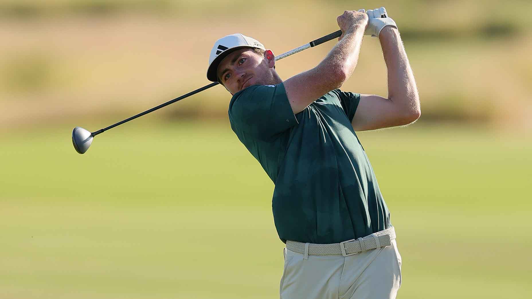 Nick Dunlap of the United States plays his shot on the sixth hole during the second round of the World Wide Technology Championship 2025 at El Cardonal at Diamante on November 07, 2025 in Cabo San Lucas, Mexico.