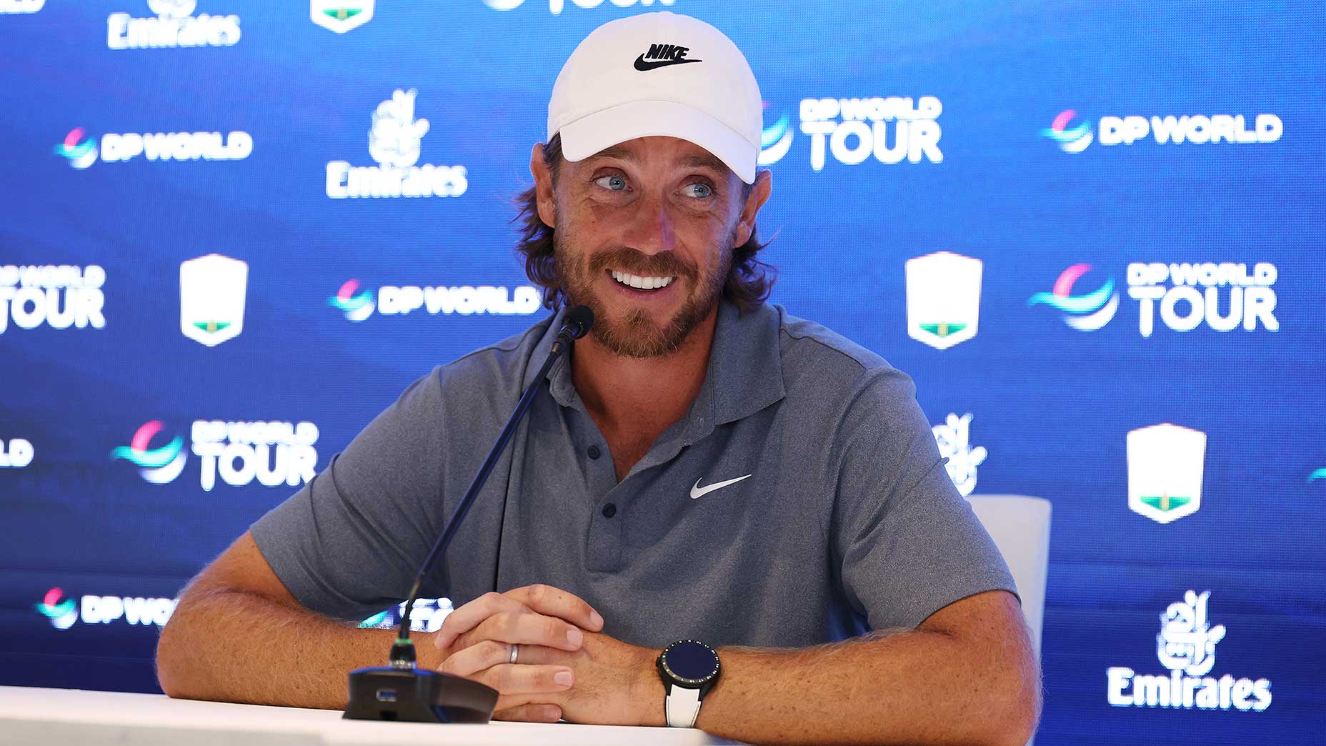 Tommy Fleetwood speaks to the media ahead of the DP World Tour Championship on Tuesday in Dubai.