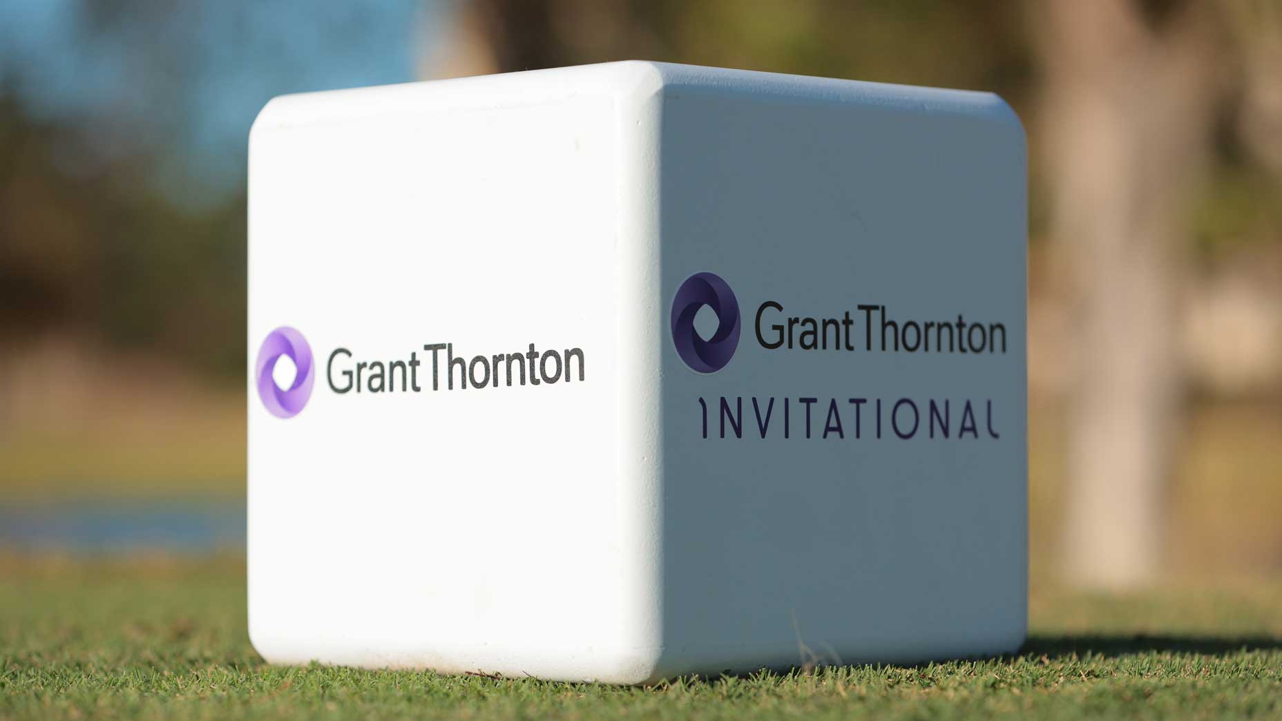 A 2025 Grant Thornton Invitational tee marker at Tiburon Golf Club.