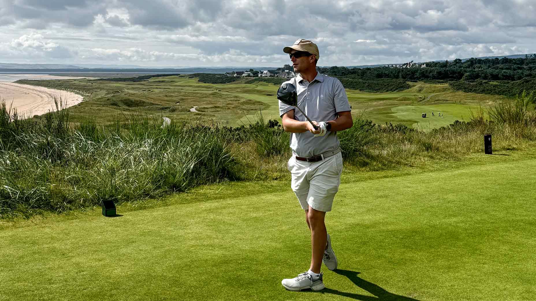 Jack Hirsh hits a tee shot on No. 7 at Royal Dornoch.