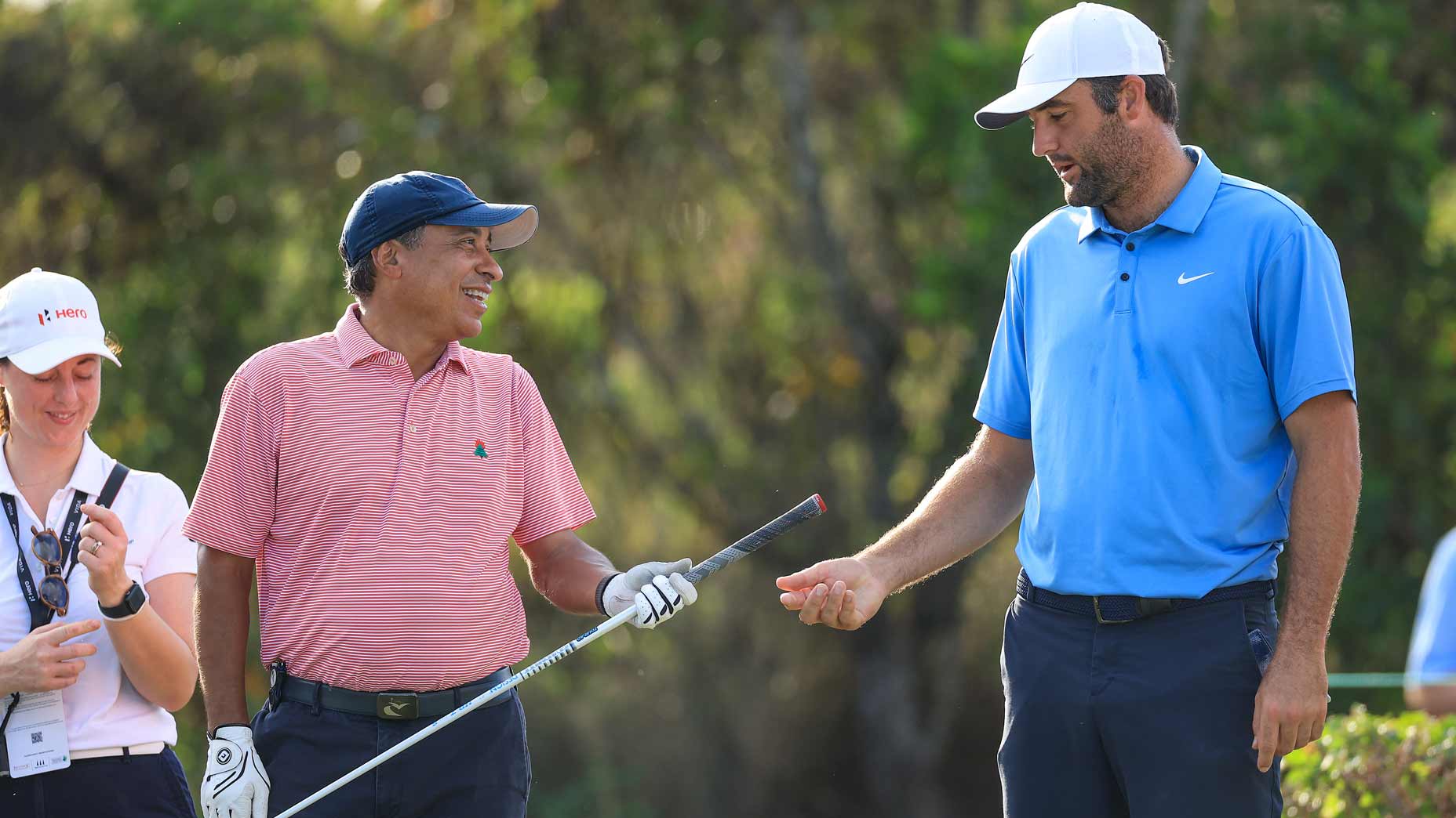 Scottie Scheffler of The United States with businessman Sammy Eldin of The United States the Co-Founder and managing partner of Tricap Investments during the pro-am prior to the Hero World Challenge 2025 at Albany Golf Course on December 03, 2025 in Nassau, Bahamas. (Photo by David Cannon/Getty Images)